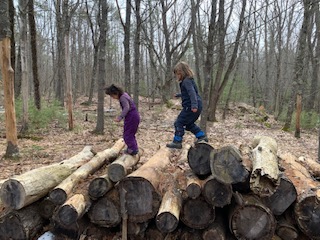 Children running across logs